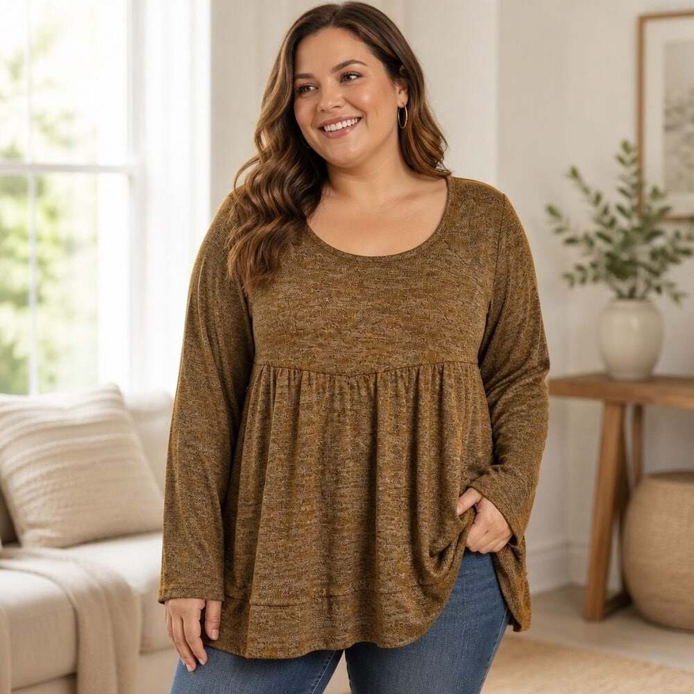 True Craft Women's Brown Long Sleeve Scoop Neck Peplum Babydoll Tunic Top 4X